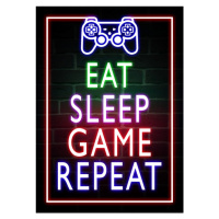 Ilustrace Eat Sleep Game Repeat-Gaming Neon Quote, 30 × 40 cm