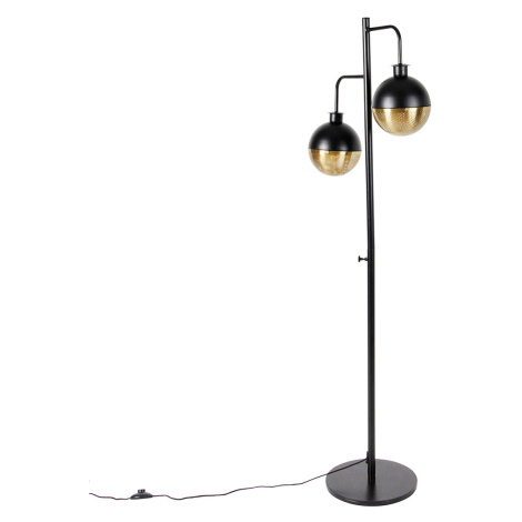 Průmyslová stojací lampa černá s mosazným 2-světlem - Haicha QAZQA