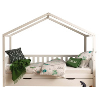 Bílá domečková dětská postel z borovicového dřeva s výsuvným lůžkem a úložným prostorem 90x200 c