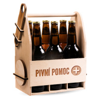 FK Dřevěný nosič na pivo s dřevěným otvírákem + 6ks kulatých podtácků - PIVNÍ POMOC 32x26x16 cm,