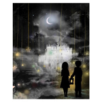 Umělecký tisk Moonlight and drifting clouds, cutout-style monochrome, NORIMA, (30 x 40 cm)
