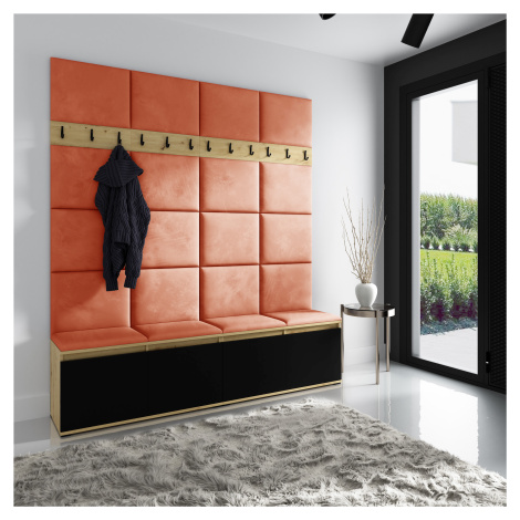 Eka Předsíňová stěna s čalouněnými panely Trinity 4 - Dub Artisan s černou / Oranžová 2317