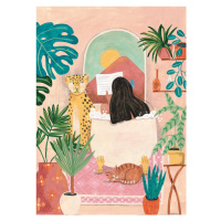 Ilustrace Woman taking bath in pink tropical bathroom, Caroline Bonne Muller, 30 × 40 cm