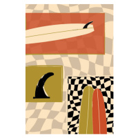 Ilustrace Surfboard fin and Longboard on checkers, LucidSurf, 26.7x40 cm