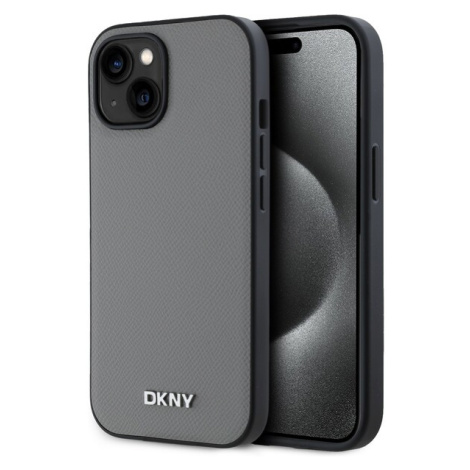 DKNY PU Leather Silver Metal Logo Magsafe kryt iPhone 15 šedý