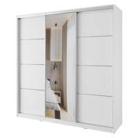 Šatní skříň NEJBY BARNABA 200 cm s posuvnými dveřmi, zrcadlem, 4 šuplíky a 2 šatními tyčemi, bíl