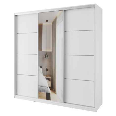Šatní skříň NEJBY BARNABA 200 cm s posuvnými dveřmi, zrcadlem, 4 šuplíky a 2 šatními tyčemi, bíl Lamivex