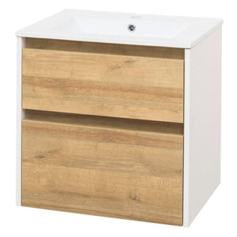 MEREO Opto, koupelnová skříňka s keramickým umyvadlem 61 cm, bílá/dub Riviera CN930