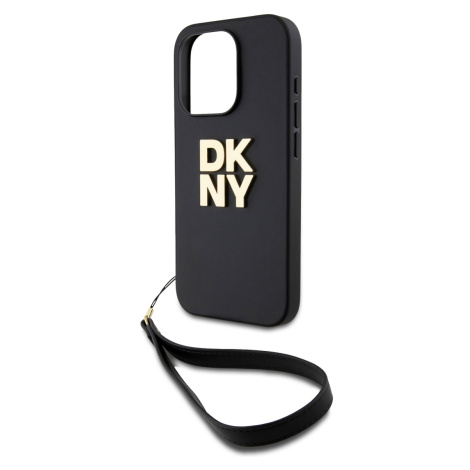 Zaní kryt DKNY PU Leather Stack Logo Wrist Strap pro Apple iPhone 14 Pro Max, černá