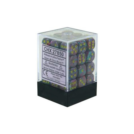 Chessex Sada 6-stěnných kostek 12mm - Barevná mozaika se žlutými tečkami (36x)