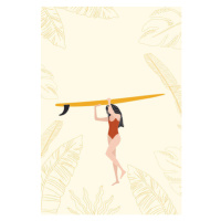 Ilustrace Surfer Girl Holding the Longboard Surfboard,, LucidSurf, 26.7 × 40 cm