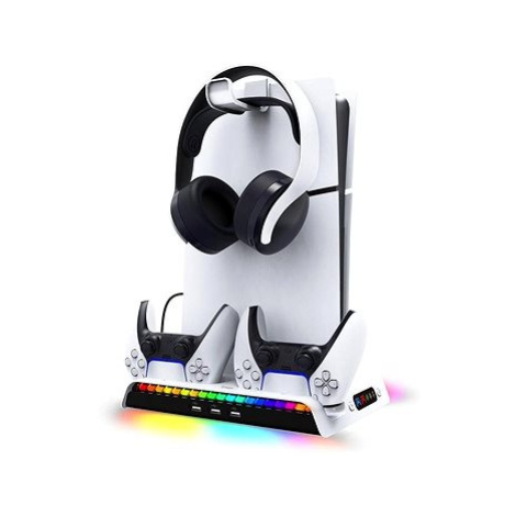 iPega P5S006 Multifunkční Nabíjecí RGB Stojan s Chlazením pro PS5 Slim White