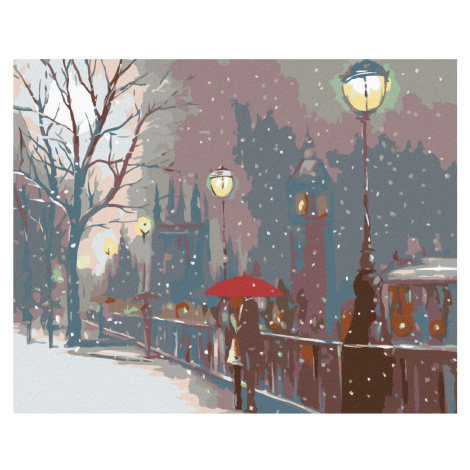 Malování podle čísel - MILENCI NA MOSTĚ A PADAJÍCÍ SNÍH Rozměr: 80x100 cm, Rámování: bez rámu a 