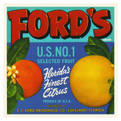 Obrazová reprodukce Ford's Citrus Brand (Colourful Retro Graphic / Vintage Fruit & Fresh Produce