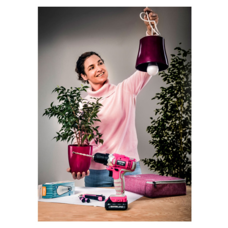 vrtací šroubovák aku, růžový, 12V Li-ion, 1300mAh, v tašce Extol Lady