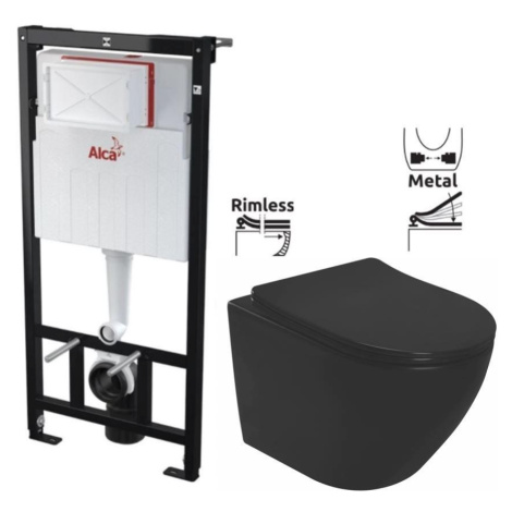 Předstěnový instalační systém bez tlačítka + WC REA CARLO MINI RIMLESS ČIERNY MAT + SEDADLO AM10 Alcaplast