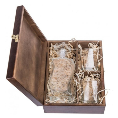 FK Dřevěná krabička na láhev a 2 sklenice - 30x23,5x11 cm, Tmavě hnědá