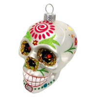 Ozdoba lebka s barevnými ornamenty stříbrná 9 cm