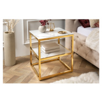 Estila Moderní noční stolek Gold Marbleux z bezpečnostního skla s bílým mramorovým vzhledem s ko
