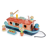 Dřevěná loďka Little Otter Canal Boat Tender Leaf Toys s 3 figurkami vyder a doplňky