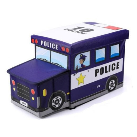 Modrý koš na hračky v podobě policejního auta