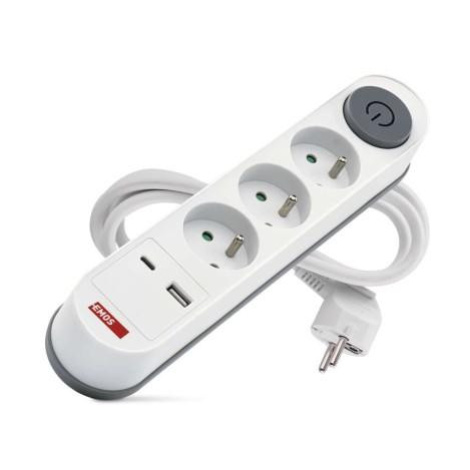 Prodlužovací kabel 2 m / 3 zásuvky / s vypínačem / bílý / 1×USB-A + 1×USB-C / 1,5 mm2 EMOS