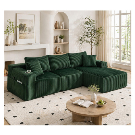OKWISH MODULÁRNÍ pohovka 257/90-160/62 cm zelená z manšestru s kapsami, držáky na nápoje a 5 pol