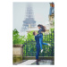 Fotografie Happy young couple in front of the Eiffel tower, encrier, 26.7 × 40 cm