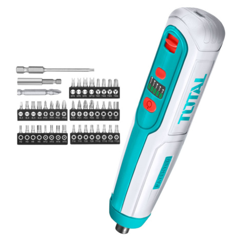 Šroubovák AKU mini, 4V, USB nabíjení, se sadou bitů Total