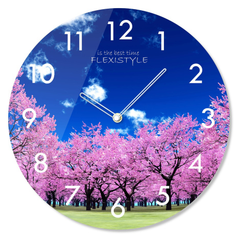 Kulaté skleněné hodiny 30 cm s motivem kvetoucích stromů