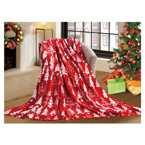 Červená vánoční mikroplyšová deka CHRISTMAS TREES Rozměr: 200 x 220 cm