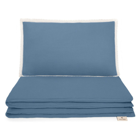Maceshka Mušelínové povlečení Nature s ozdobným okrajem - blue jean, krajka