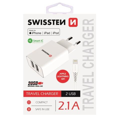 SWISSTEN síťový adaptér 2xUSB, 2,1A, MFi bílý + kabel USB/Lightning