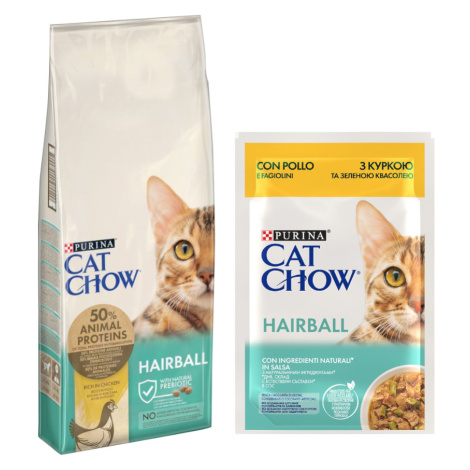 PURINA Cat Chow, 15 kg + 26 x 85 g Cat Chow kapsičky zdarma - Adult Special Care Hairball Contro