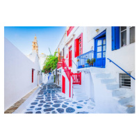 Fotografie Mykonos, Greece - Cobblestone alley whitewashed, emicristea, 40 × 26.7 cm