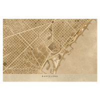 Mapa Map of Barcelona downtown in sepia vintage style, Blursbyai, 40x26.7 cm