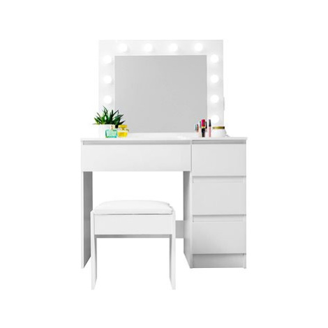 Aga Toaletní stolek MRDT09 se zrcadlem, osvětlením a el. zásuvkou + taburet, lesklý bílý