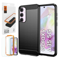 Pouzdro Carbon Soft Case Coal Black 2x Sklo Spigen pro Samsung Galaxy A35 5G