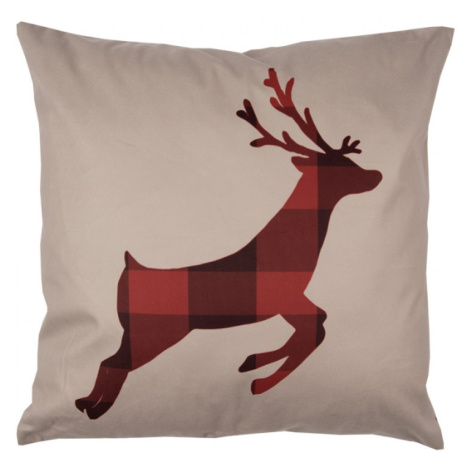 Béžový vánoční povlak na polštář s červeným kanafasovým motivem jelena – 45x45 cm Clayre & Eef
