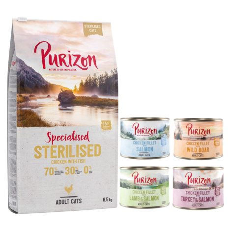 Purizon granule 6,5 kg + Purizon konzervy 6 x 200 g zdarma - Sterilised Adult kuře & ryba - bezo