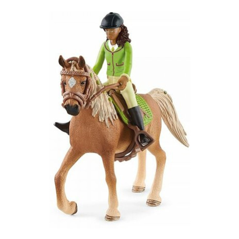 Schleich 42542 Černovláska Sarah s pohyblivými klouby na koni Mystery