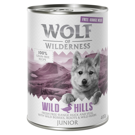 6 x 400 g / 800 g Wolf of Wilderness "Free-Range Meat" za zkušební cenu - JUNIOR: Wild Hills - k