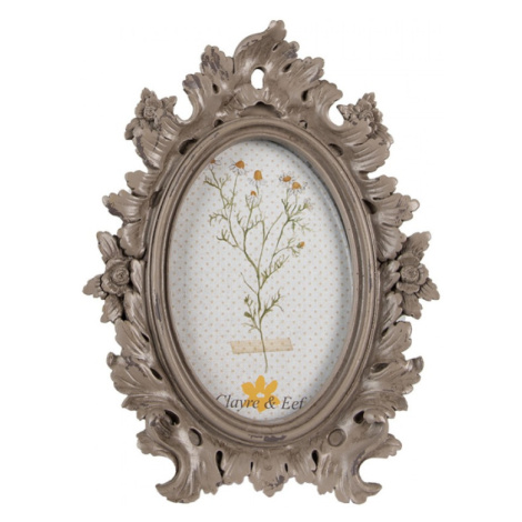 Hnědý oválný fotorámaček zdobený květinami – 10x15 cm Clayre & Eef