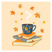 Ilustrace Vector autumn illustration of a cup of hot tea on books with falling autumn leaves., I