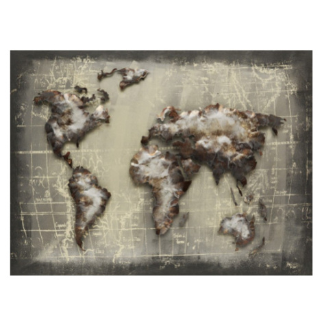 Kovový obraz na zeď Mapa světa 80x60 cm, šedý vintage Asko