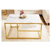 Estila Moderní bílý konferenční stolek Gold Marbleux s mramorovým vzhledem a kovovou konstrukcí 