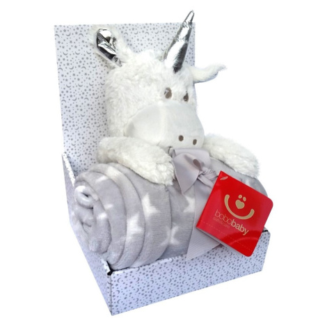 Dárkový set - dětská hračka JEDNOROŽEC bílá/šedá s mikrovláknovou dekou 75X100 cm Bobobaby