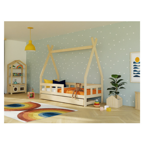 Benlemi Dětská teepee postel FENCE 4v1 ze dřeva se zábranou a úložným šuplíkem Zvolte barvu: Nel