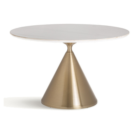 Estila Luxusní art deco bílý kulatý jídelní stůl Cronos s kamennou vrchní deskou a zlatou nohou 