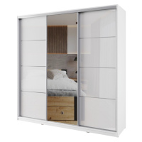 Šatní skříň NEJBY BARNABA 200 cm s posuvnými dveřmi, zrcadlem,4 šuplíky a 2 šatními tyčemi,bílý 
